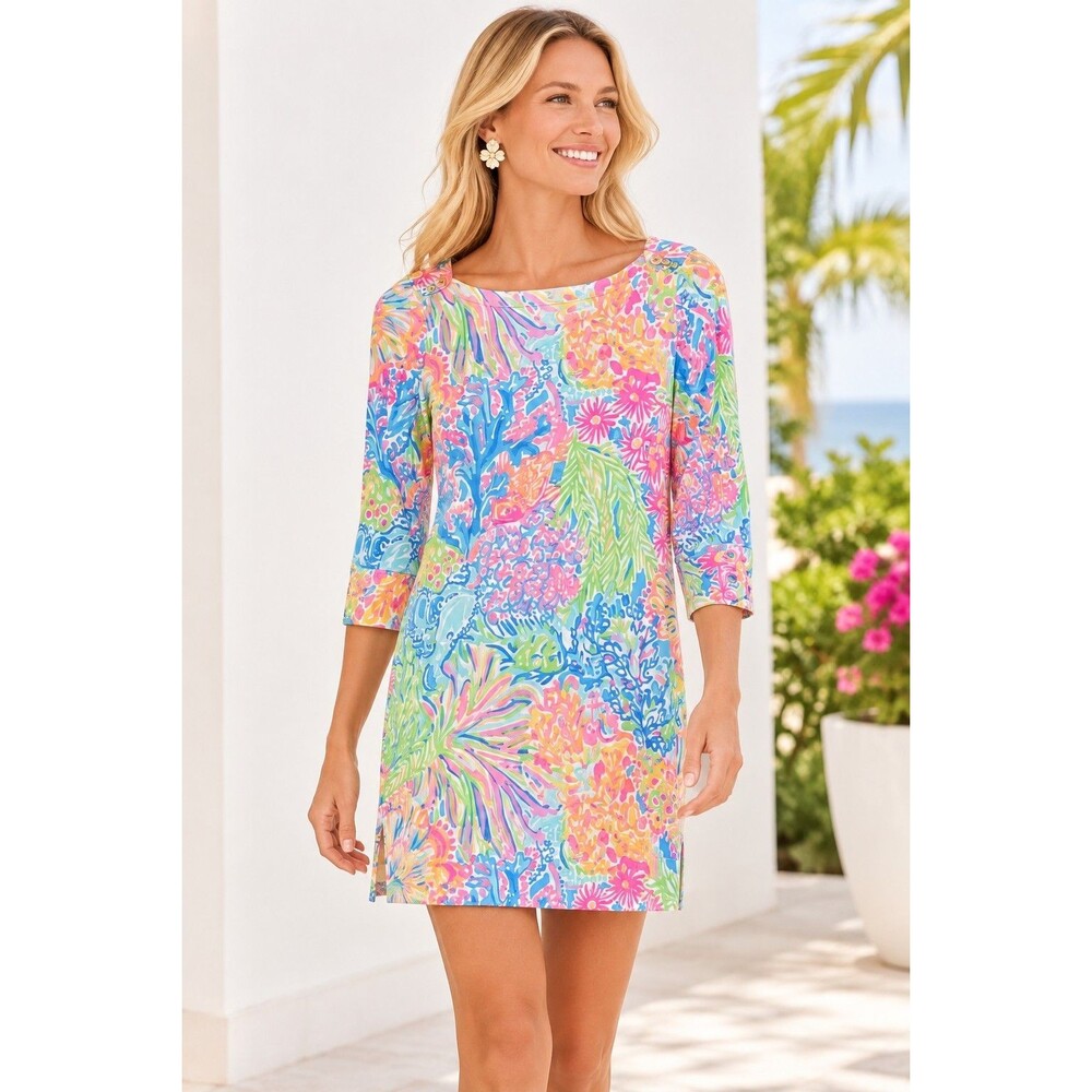 Lilly Pulitzer Sophie Shift Dress 3/4 Sleeve Tropical Coral Reef Print Size S